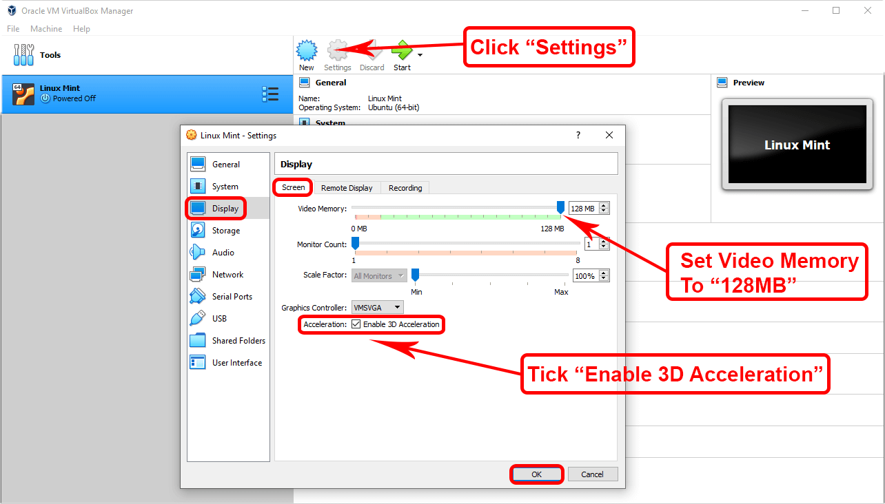 Vbox 3D Acceleration screen
