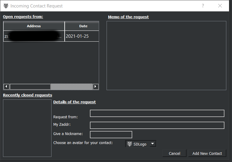 HushChat &quot;Incoming Contact Request&quot; screen