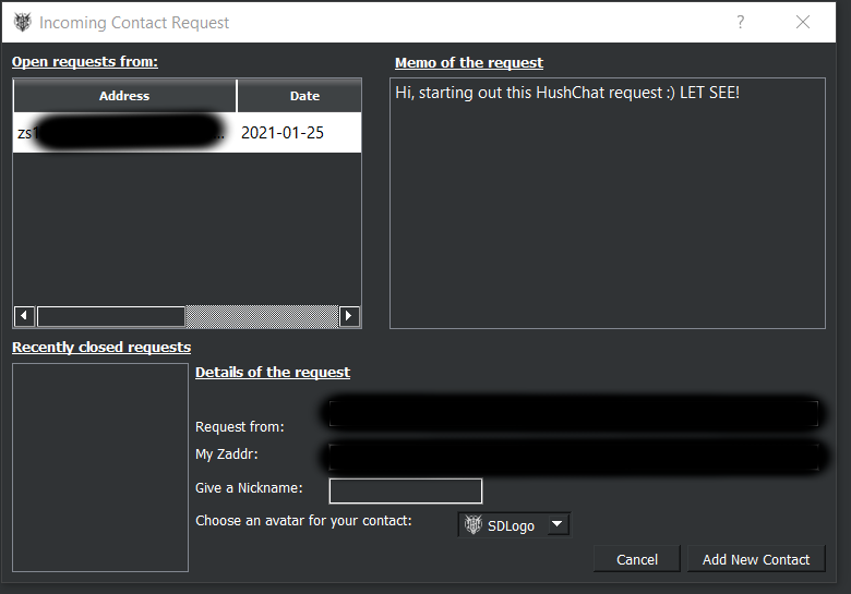 HushChat &quot;Incoming Contact Request&quot; screen with user clicking on an open request